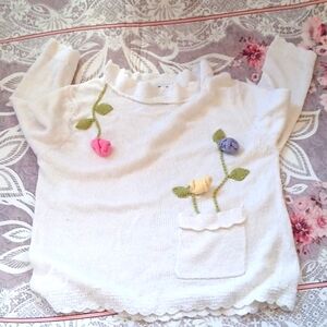 - Embroidered cotton cottage core pullover sweater with handsewn flowers